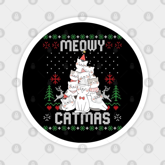 Meowy Catmas Ugly Christmas Sweater Funny Xmas Tree Cat Gift Magnet by Eleganto4Tee